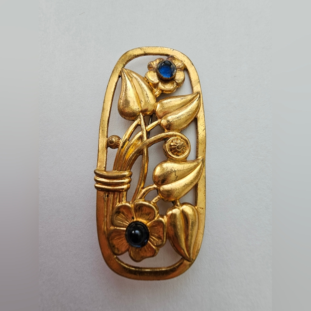 Vintage Art Nouveau Style Floral Sash Pin – Gold Tone with Blue Cabochons – 2.5”
